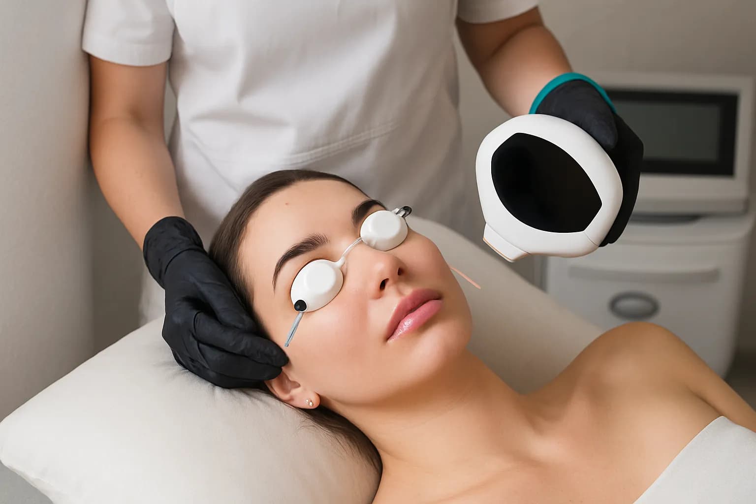 Woman receiving IPL photofacial treatment to reduce pigmentation and improve skin tone