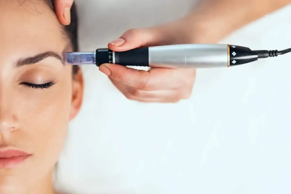 Woman undergoing microneedling treatment to improve skin texture and reduce fine lines
